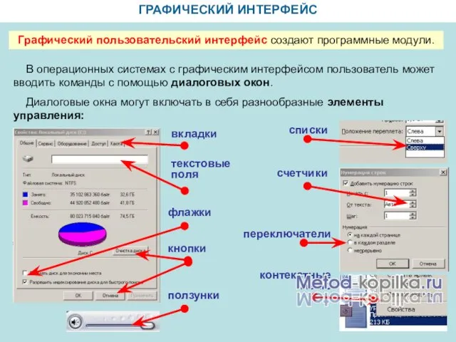 ГРАФИЧЕСКИЙ ИНТЕРФЕЙС Графический пользовательский интерфейс создают программные модули. В операционных системах