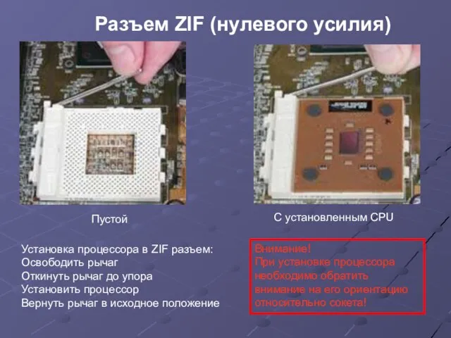 Разъем ZIF (нулевого усилия) Пустой С установленным CPU Установка процессора в