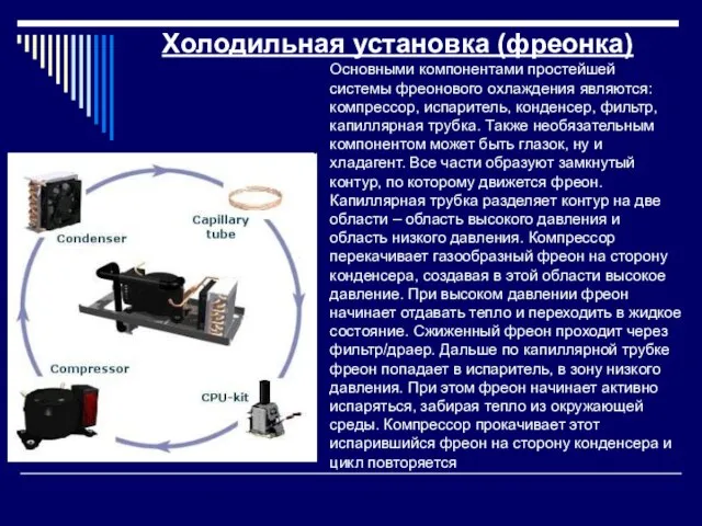 Холодильная установка (фреонка) Основными компонентами простейшей системы фреонового охлаждения являются: компрессор,