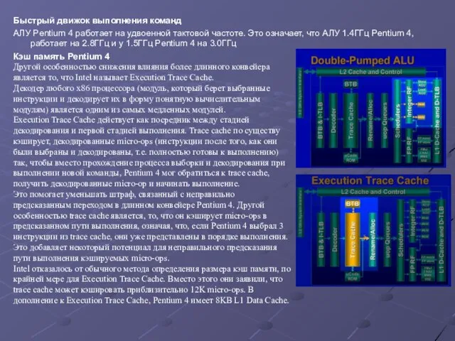 Быстрый движок выполнения команд АЛУ Pentium 4 работает на удвоенной тактовой