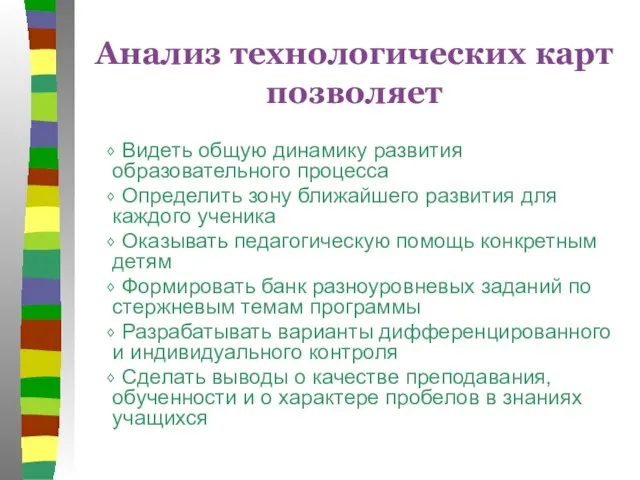 Анализ технологических карт позволяет ⬧ Видеть общую динамику развития образовательного процесса