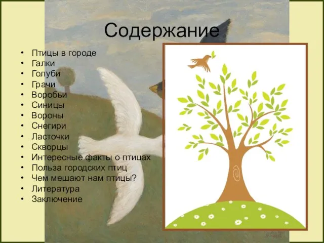 Содержание Птицы в городе Галки Голуби Грачи Воробьи Синицы Вороны Снегири