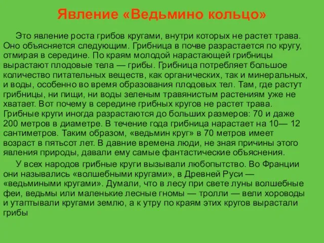 Явление «Ведьмино кольцо» Это явление роста грибов кругами, внутри которых не