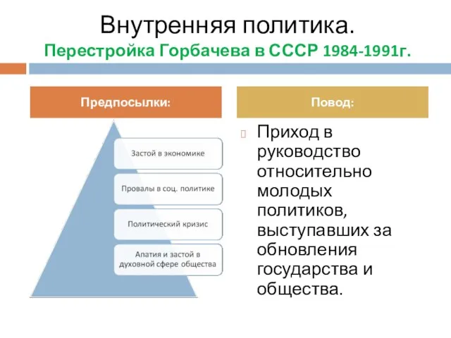 Внутренняя политика. Перестройка Горбачева в СССР 1984-1991г. Приход в руководство относительно