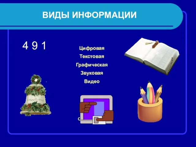 ВИДЫ ИНФОРМАЦИИ 4 9 1 Цифровая Текстовая Графическая Звуковая Видео