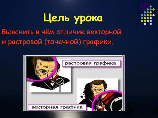 Цель урока Выяснить в чём отличие векторной и растровой (точечной) графики.