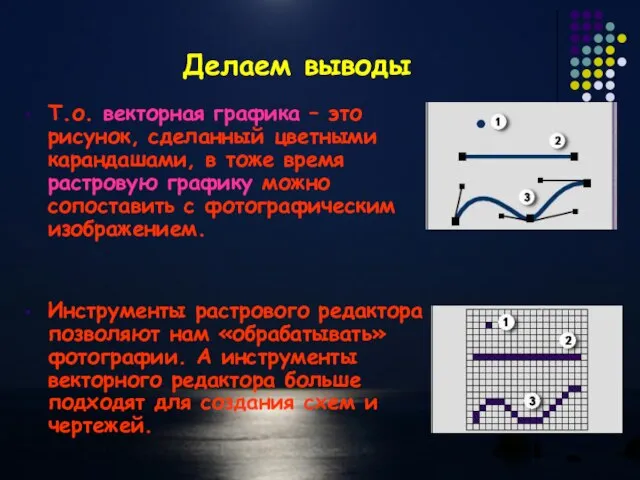 Делаем выводы Т.о. векторная графика – это рисунок, сделанный цветными карандашами,