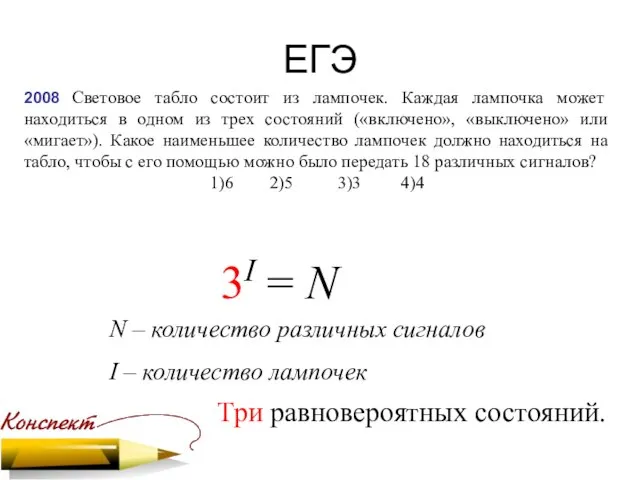 ЕГЭ 2008 Световое табло состоит из лампочек. Каждая лампочка может находиться