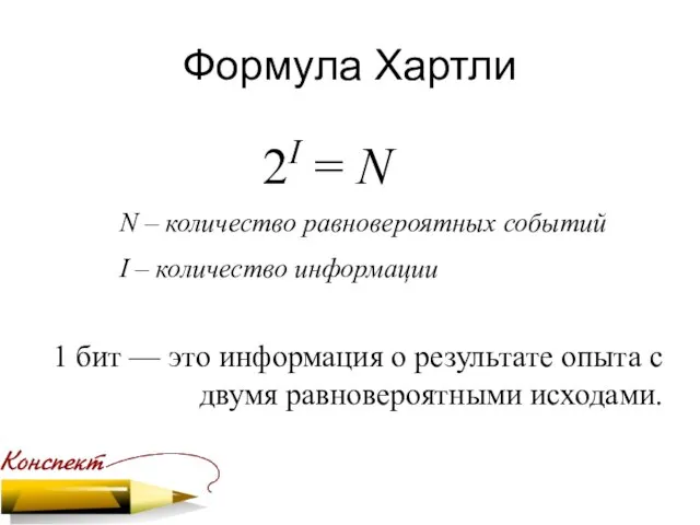 Формула Хартли 2I = N N – количество равновероятных событий I