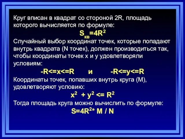 Круг вписан в квадрат со стороной 2R, площадь которого вычисляется по