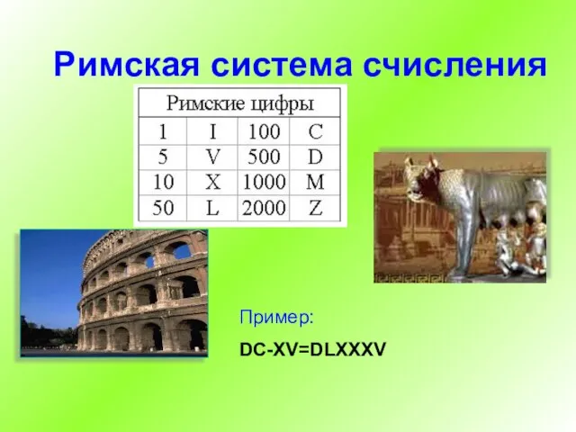 Римская система счисления Пример: DC-XV=DLXXXV