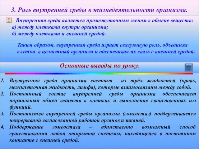 Внутренняя среда организма состоит из трёх жидкостей (кровь, межклеточная жидкость, лимфа),