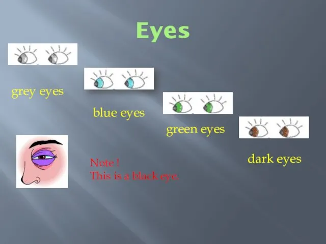 Eyes grey eyes blue eyes green eyes dark eyes Note ! This is a black eye.