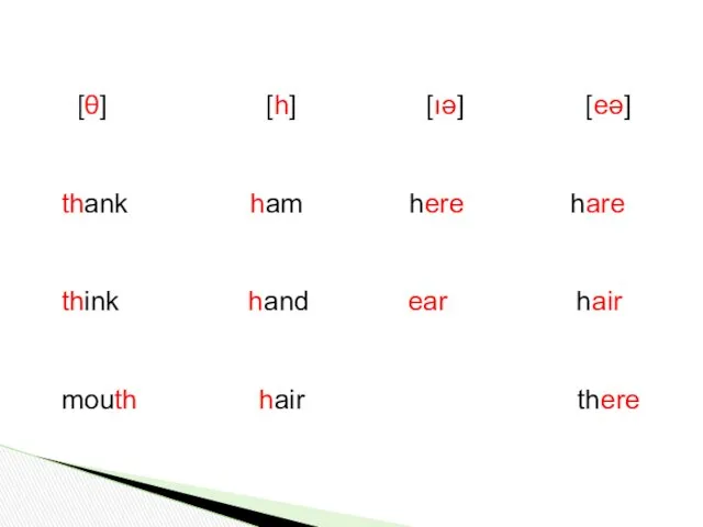 [θ] [h] [ıə] [eə] thank ham here hare think hand ear hair mouth hair there