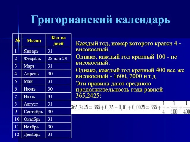 Григорианский календарь Каждый год, номер которого кратен 4 - високосный. Однако,