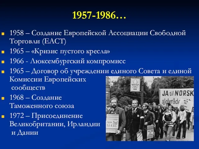 1957-1986… 1958 – Создание Европейской Ассоциации Свободной Торговли (ЕАСТ) 1965 –