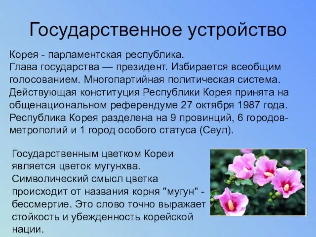 Государственное устройство Корея - парламентская республика. Глава государства — президент. Избирается