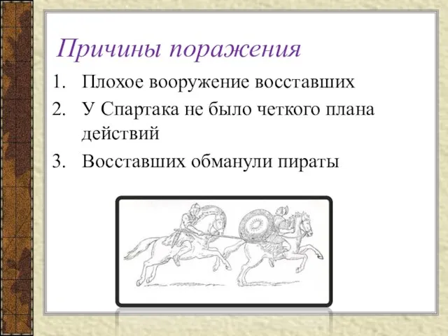 Причины поражения Плохое вооружение восставших У Спартака не было четкого плана действий Восставших обманули пираты