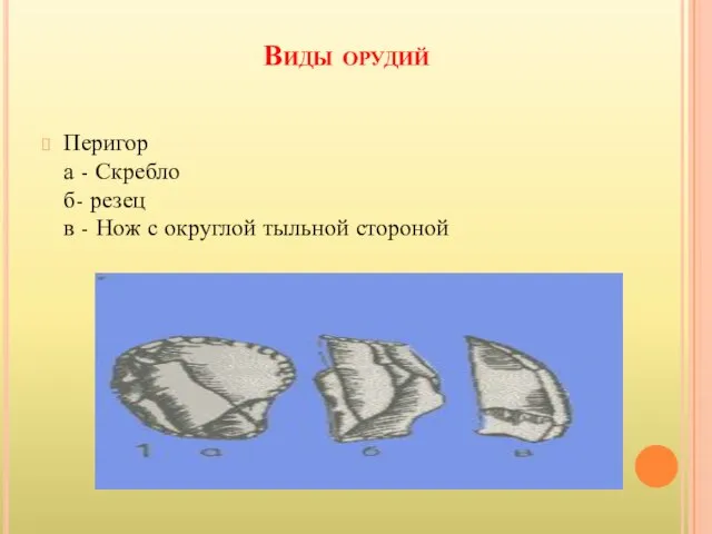 Виды орудий Перигор а - Скребло б- резец в - Нож с округлой тыльной стороной