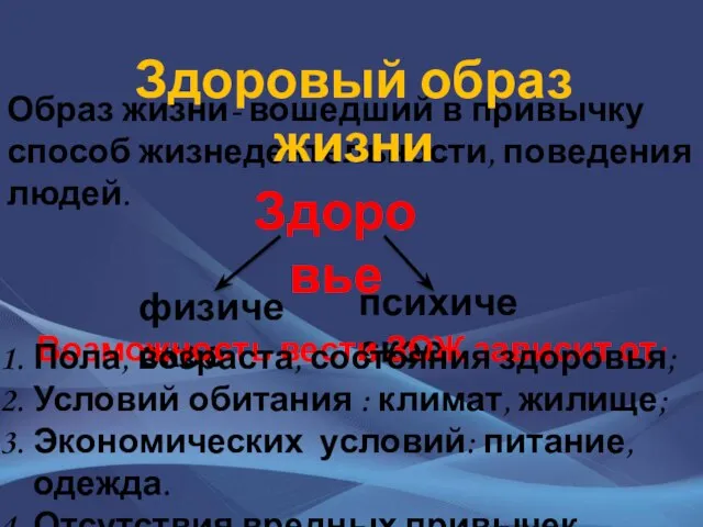 Образ жизни- вошедший в привычку способ жизнедеятельности, поведения людей. Здоровье физическое