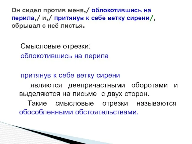 Смысловые отрезки: облокотившись на перила притянув к себе ветку сирени являются