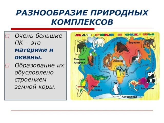 РАЗНООБРАЗИЕ ПРИРОДНЫХ КОМПЛЕКСОВ Очень большие ПК – это материки и океаны.