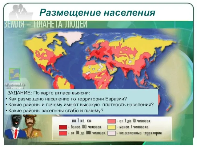 Размещение населения ЗАДАНИЕ: По карте атласа выясни: Как размещено население по