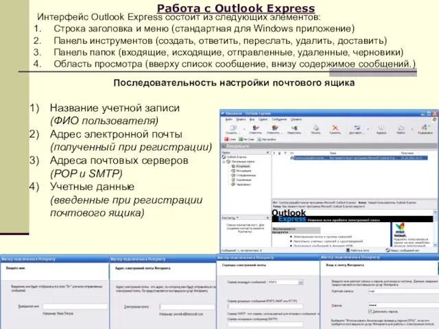 Работа с Outlook Express Интерфейс Outlook Express состоит из следующих элементов: