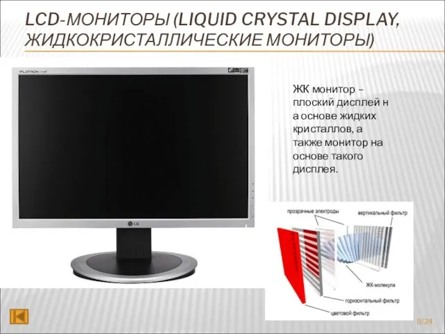 LCD-МОНИТОРЫ (LIQUID CRYSTAL DISPLAY, ЖИДКОКРИСТАЛЛИЧЕСКИЕ МОНИТОРЫ) ЖК монитор – плоский дисплей