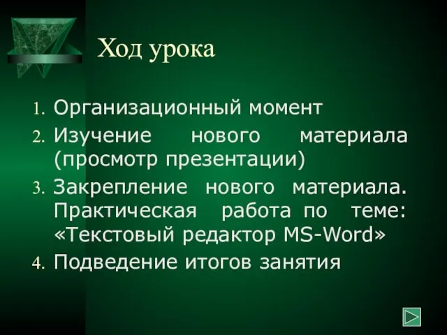 Ход урока Организационный момент Изучение нового материала (просмотр презентации) Закрепление нового