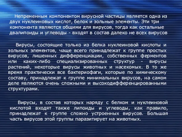 Непременным компонентом вирусной частицы является одна из двух нуклеиновых кислот, белок