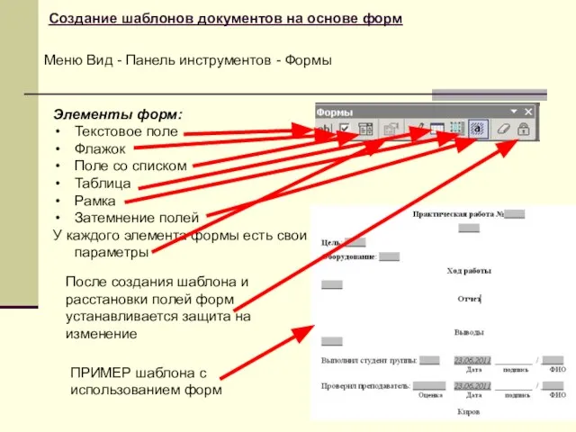 Создание шаблонов документов на основе форм Элементы форм: Текстовое поле Флажок