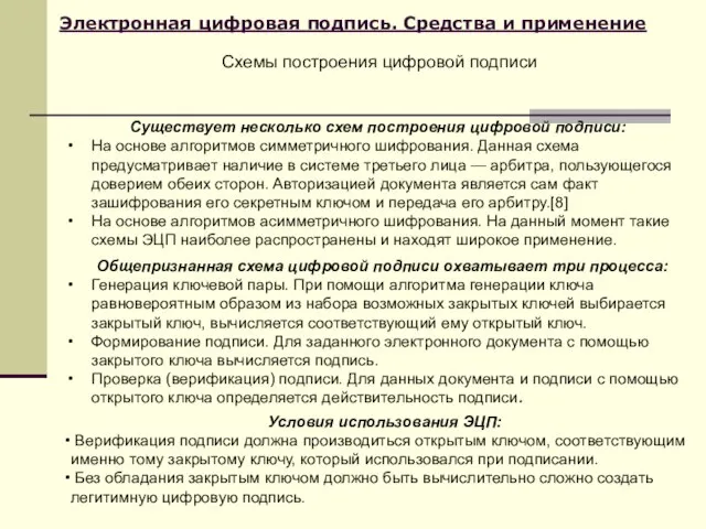 Электронная цифровая подпись. Средства и применение Схемы построения цифровой подписи Существует