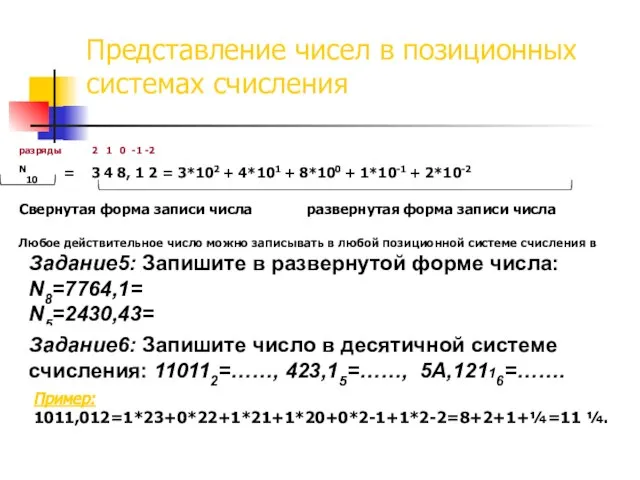Представление чисел в позиционных системах счисления разряды 2 1 0 -1