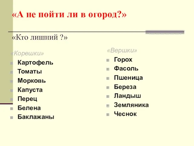 «А не пойти ли в огород?» «Кто лишний ?» «Корешки» Картофель