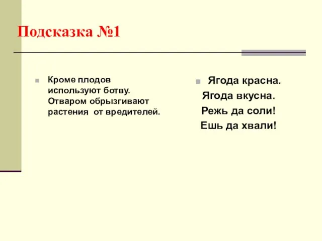 Подсказка №1 Кроме плодов используют ботву. Отваром обрызгивают растения от вредителей.