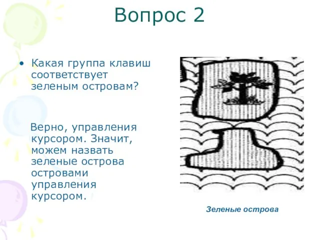 Вопрос 2 Какая группа клавиш соответствует зеленым островам? Верно, управления курсором.