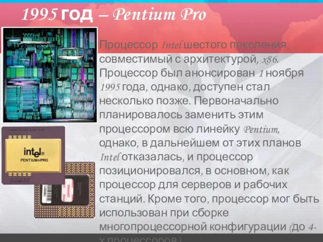 1995 год – Pentium Pro Процессор Intel шестого поколения, совместимый с