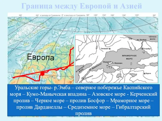 Граница между Европой и Азией Европа Азия Назовите географические объекты по