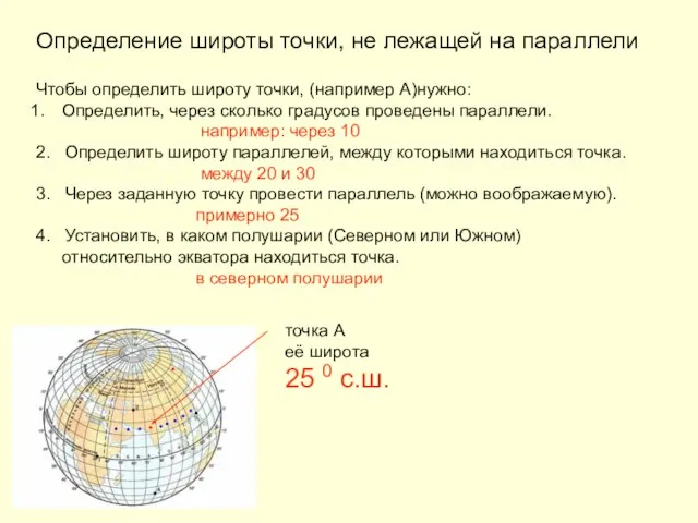 Определение широты точки, не лежащей на параллели Чтобы определить широту точки,