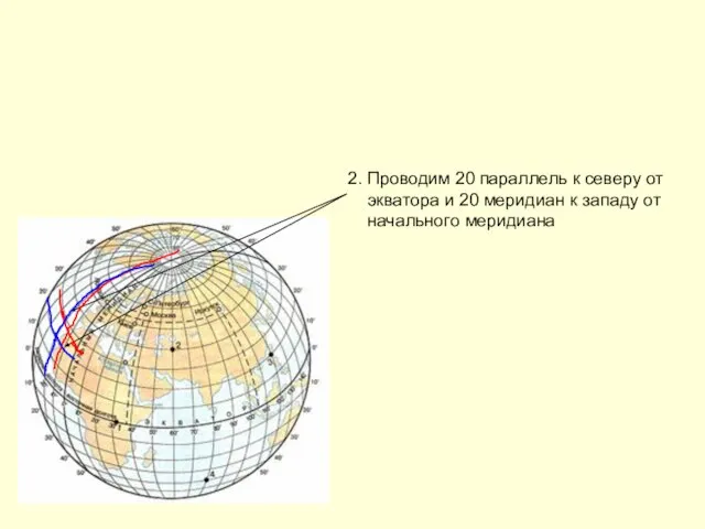 2. Проводим 20 параллель к северу от экватора и 20 меридиан к западу от начального меридиана