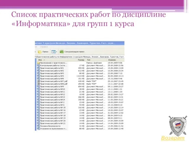 Список практических работ по дисциплине «Информатика» для групп 1 курса Возврат