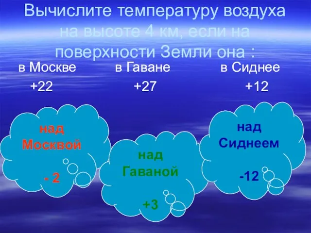 Вычислите температуру воздуха на высоте 4 км, если на поверхности Земли