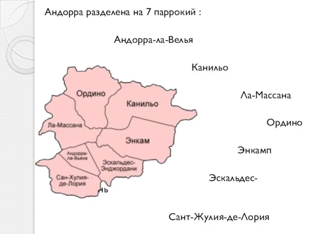 Андорра разделена на 7 паррокий : Андорра-ла-Велья Канильо Ла-Массана Ордино Энкамп Эскальдес-Энгордань Сант-Жулия-де-Лория