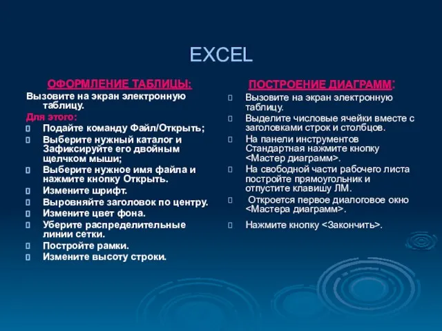 EXCEL ОФОРМЛЕНИЕ ТАБЛИЦЫ: Вызовите на экран электронную таблицу. Для этого: Подайте