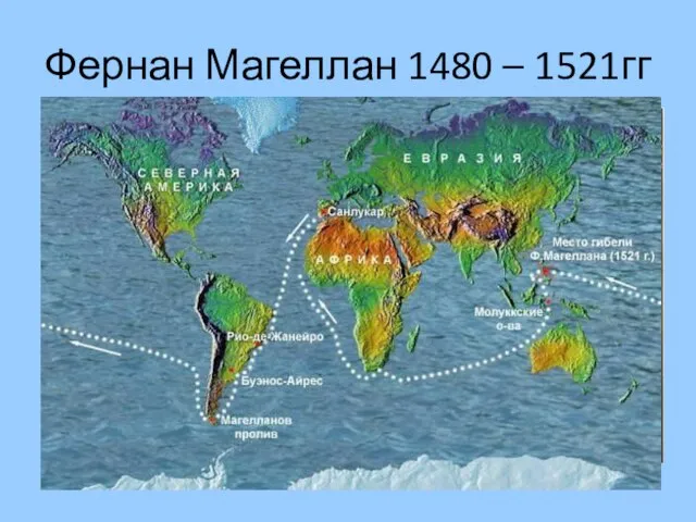 Фернан Магеллан 1480 – 1521гг Совершил кругосветное путешествие, открыл Магелланов пролив.