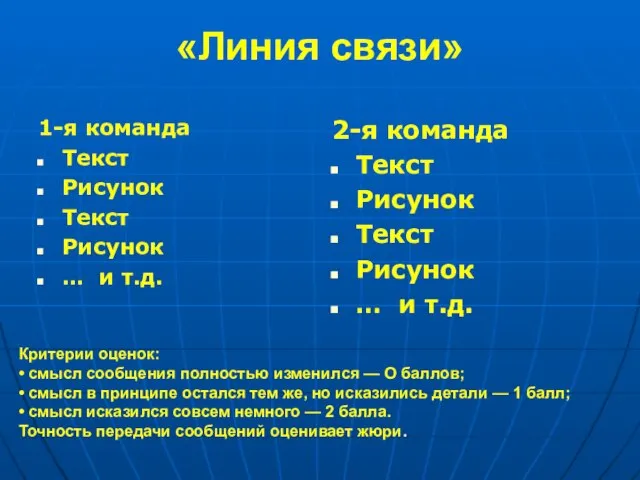 «Линия связи» 1-я команда Текст Рисунок Текст Рисунок … и т.д.