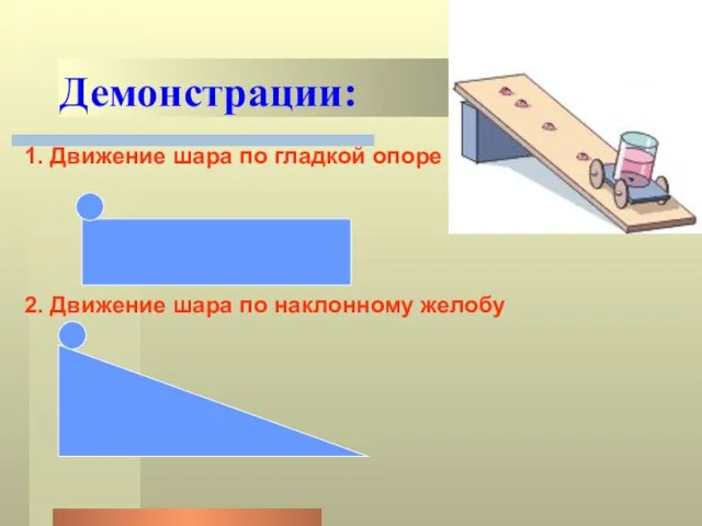 Демонстрации: 1. Движение шара по гладкой опоре 2. Движение шара по наклонному желобу