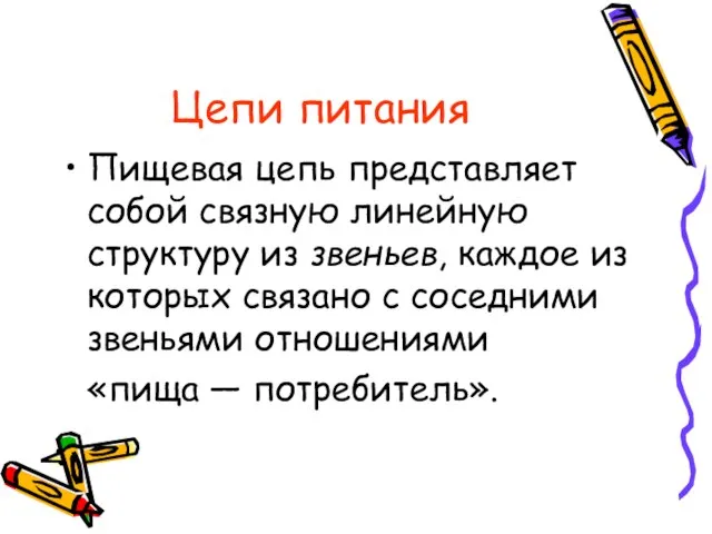 Цепи питания Пищевая цепь представляет собой связную линейную структуру из звеньев,