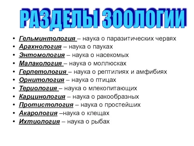 РАЗДЕЛЫ ЗООЛОГИИ Гельминтология – наука о паразитических червях Арахнология – наука